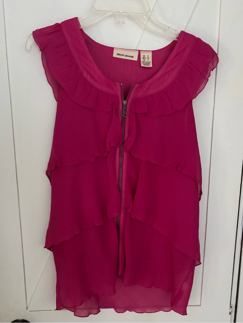 DKNY Jeans Pink Ruffle Chiffon Zip Front Blouse Top Size Small